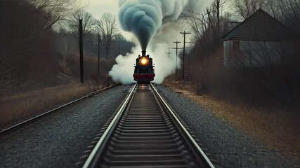 A vintage steam train approaches on a foggy railway, surrounded by barren trees and landscape.