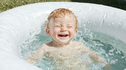 Happy baby splashes in inflatable pool