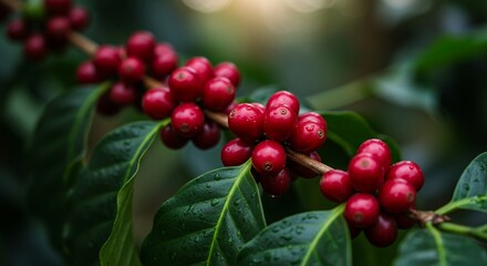 Obraz premium Close-up of ripe coffee cherries on the branch of a coffee plant, bright red cherries contrasting with the green leaves, morning dew on the fruit, sunlight filtering through the foliage.