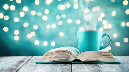 Book on a Desk or Table Open book on a table with a cup of coffee, suggesting a relaxing reading break