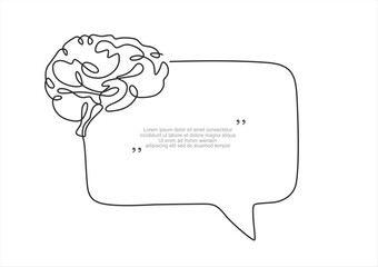 Continuous one line drawing of brain and speech bubble. Trendy line art vector on a white background. Vector illustration	. Editable stroke