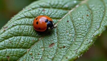 Obraz premium Close-Up of a Vibrant Ladybug Crawling on a Green Leaf Surface