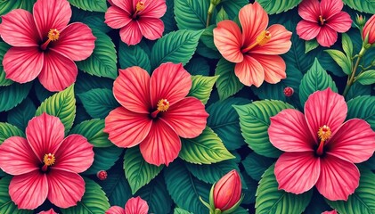Bold hibiscus & tropical foliage, vibrant seamless repeat , exotic, design, green