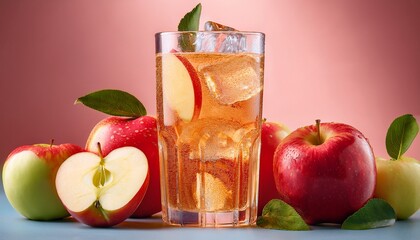 refreshing apple soda with ice surrounded by fresh apples on a pink background
