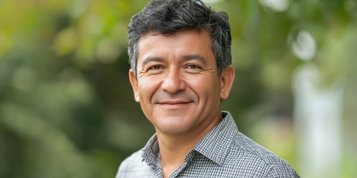 A man with a warm smile. He is dressed in semi-formal attire, suggesting he might be in a business or corporate environment. The background is blurred but appears to be an outdoor setting with