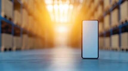warehouse Cloud based Inventory Management Smartphone showing real time inventory updates, worker checking stock levels in a warehouse