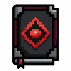 Obraz premium Pixel Art Magical Book Icon Dark Cover with Red Symbols and Bookmark