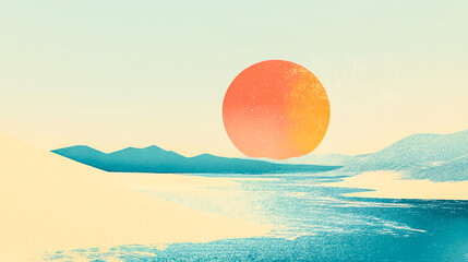 Obraz premium Simple flat landscape of sun, ocean and sand