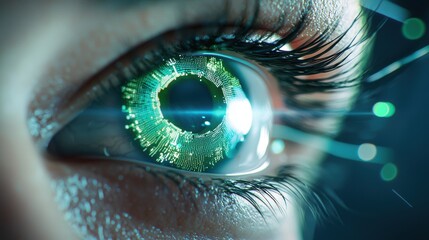 Biometric Eye Scan Close up of an eye undergoing an iris scan, futuristic HUD interface with data streams and scanning lines, blue and green color scheme