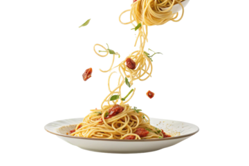 Delicious Italian spaghetti with fresh tomato sauce and basil on a white plate