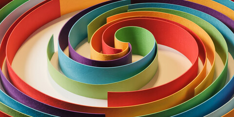 Obraz premium Vibrant 3D paper art with flowing spiral layers in turquoise, lime, orange, red, and purple gradients, soft matte finish, subtle shadows, modern artistic elegance