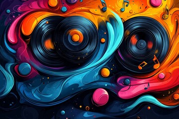 Colorful vinyl records, music notes, abstract art, vibrant background, album cover