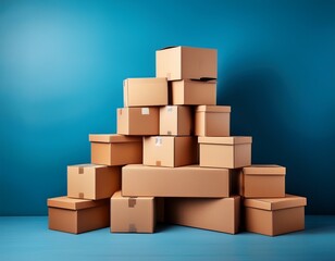 Obraz premium a neatly stacked pile of cardboard boxes on a plain blue background symbolizing moving or storage organization copyspace