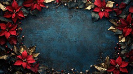 Red poinsettia flowers and golden leaves frame a vintage dark bodied background for festive websites,blogs and Christmas promotions.