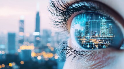 Eye Surveillance and Security Cityscape reflected in an eye, surveillance cameras and digital grids overlaid, focus on urban surveillance and monitoring
