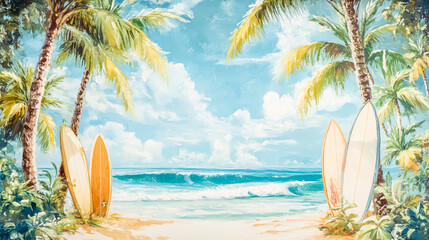 Tropical summer scene with palm trees and surfboards
