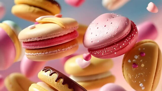 Colorful macarons floating against a soft backdrop