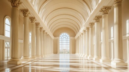 A grand hall with tall classical columns, arched ceilings, and large windows letting in abundant natural light.