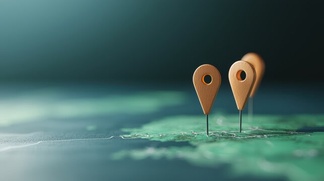 3D Map Pin Group of 3D map pins clustered together, focus on multiple locations and density