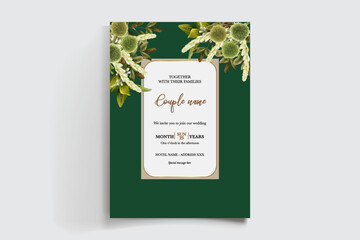 WEDDING INVITATION FRAME WITH FLOWER DECORATIONS AND FRESH LEAVES
