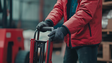 Obraz premium Warehouse Worker Operating a Hand Pallet Truck