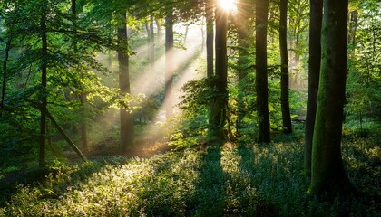 Obraz premium sun rays illuminating dense greenery in a tranquil forest