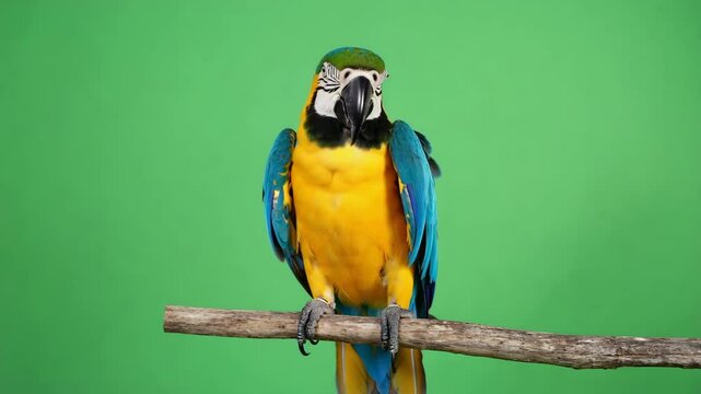 Blue-and-gold Macaw Perched on Branch, Green Screen