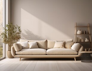 minimalist room featuring a comfortable beige sofa