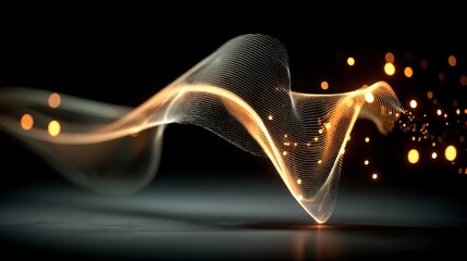 Abstract golden particles swirling on dark background, creating dynamic wave like motion. Sparkling bokeh lights add to the ethereal feel.