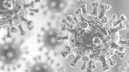 Close up view of multiple grey virus cells with spikes on a light grey and white gradient background