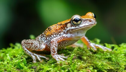 Gliding frog seen on green moss, animal close-up