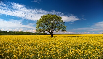 solitary tree in vibrant yellow flower field against blue sky with scattered clouds