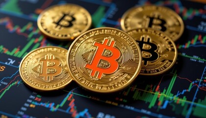 Golden Bitcoin Coins on Dark Stock Chart with Financial Data Trends