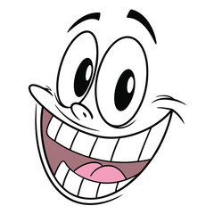 Cartoon Face Expression with Wide Smile, Big Eyes, and Pink Tongue, Bold Black Outline