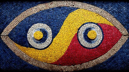 Abstract mosaic artwork depicting a stylized eye with yin yang symbolism in blue, red, yellow, and white tones.