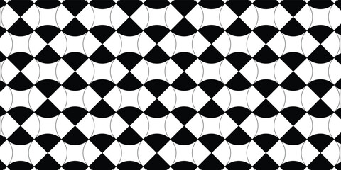 Graphical shapes of half circles and squares in black and beige. The classic Bauhaus style pattern design.