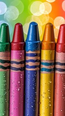 Close-up of colorful wax crayons with water droplets on textured surface against blurred multicolored background perfect for art supplies and creative activity themes