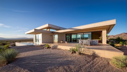 modern architectural design of a spacious desert house with large windows and serene surroundings
