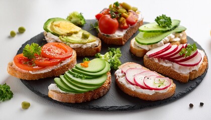 delicious and colorful variety of openfaced sandwiches with cream cheese and fresh vegetables on white background
