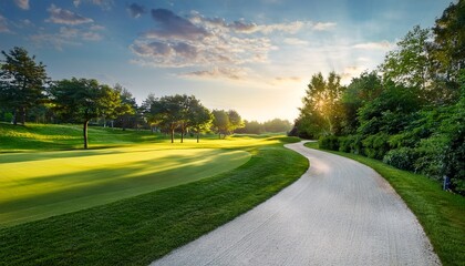 lush macadam pathway through a luxurious golf course surrounded by greenery and trees