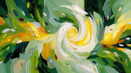 Abstract swirling artwork in yellow, green, and white. Dynamic, energetic composition.