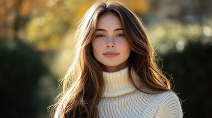 Naklejka premium Beautiful woman with long brown hair in a cream turtleneck.