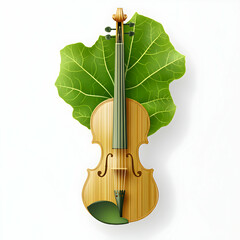 Wooden Violin With Green Leaf