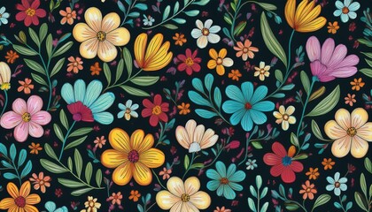 a pattern depicting blooming doodles various small flowers hand painted leaves grass floral background botanical print design for fabric