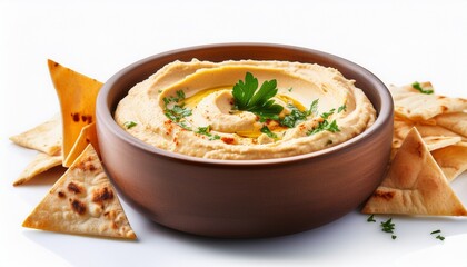 delicious hummus with crispy pita chips and fresh herbs on white background