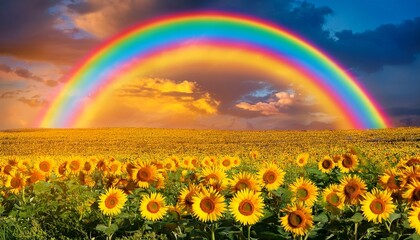 vibrant sunflower bloom with rainbow background