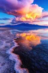 Fototapeta premium Vibrant clouds reflect over a serene salt flat at sunset, with colorful skies and distant mountains creating a breathtaking natural scene.