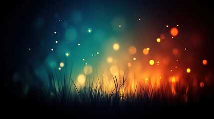 Fototapeta premium Glowing bokeh lights hover above silhouetted grass in a dreamy, colorful landscape at dusk.