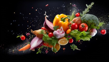 fresh culinary explosion a vibrant composition of garden fresh ingredients captured mid air this image shows the beauty of colorful and appetizing food