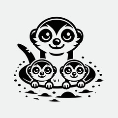 Meerkat Mother and Pups Peeking Out of a Burrow